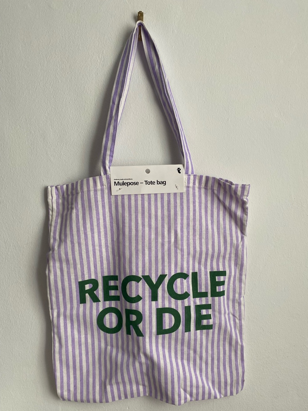 Lavender Stripe Tote with Green Recycle Print
